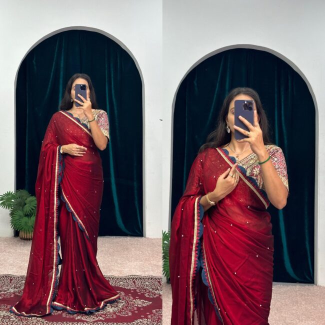 Blooming Color Rangoli Fabric Cut Work Border Saree with Pearl Moti Work – Inspired by Celebrity