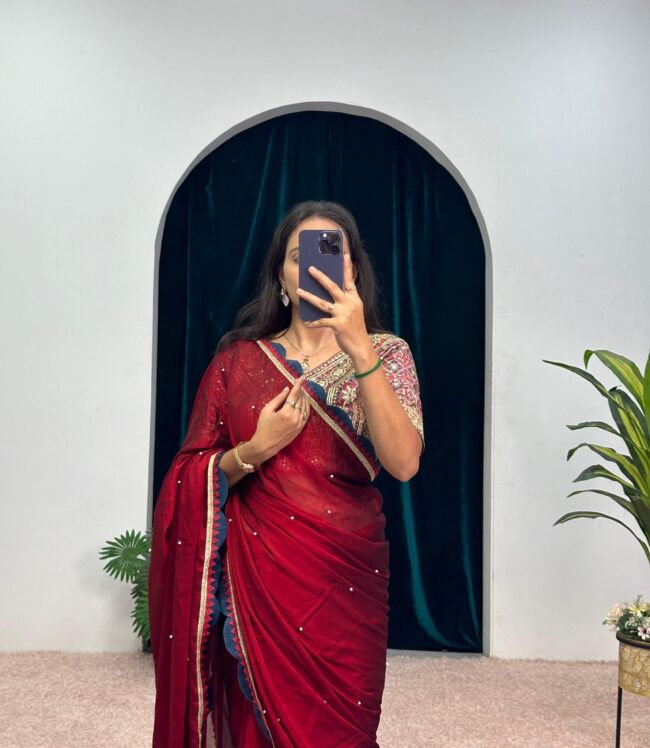 Blooming Color Rangoli Fabric Cut Work Border Saree with Pearl Moti Work – Inspired by Celebrity - Image 5