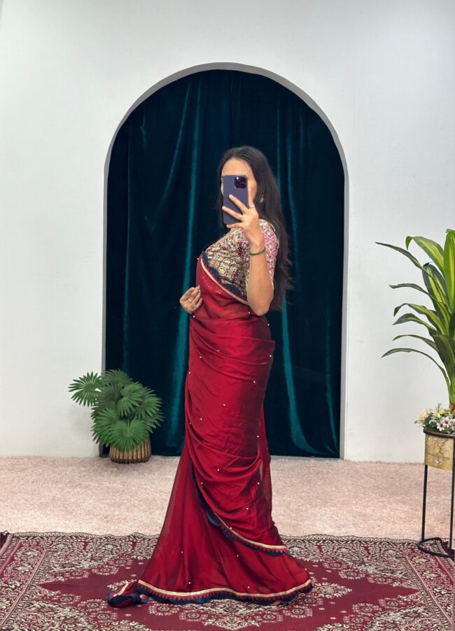 Blooming Color Rangoli Fabric Cut Work Border Saree with Pearl Moti Work – Inspired by Celebrity - Image 4