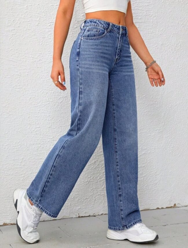 High Waist Whisker Wash Wide-Leg Denim – Stone Blue - Image 3