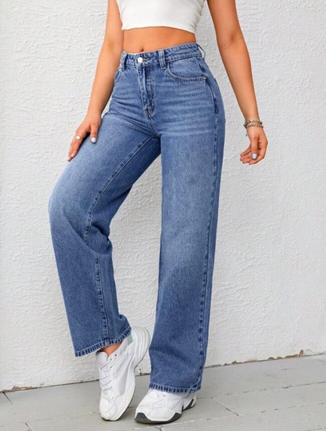 High Waist Whisker Wash Wide-Leg Denim – Stone Blue