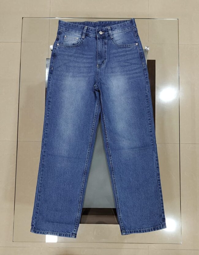High Waist Whisker Wash Wide-Leg Denim – Stone Blue - Image 2