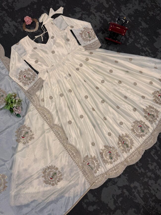 Designer Chinon Silk Gown with Dupatta - Image 7