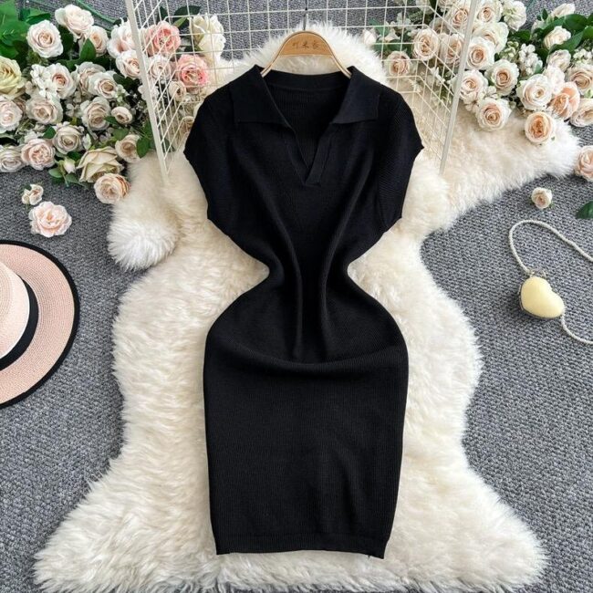 Retro Lapel Slim Fit Knitted Summer Dress – Petite & Stylish - Image 3