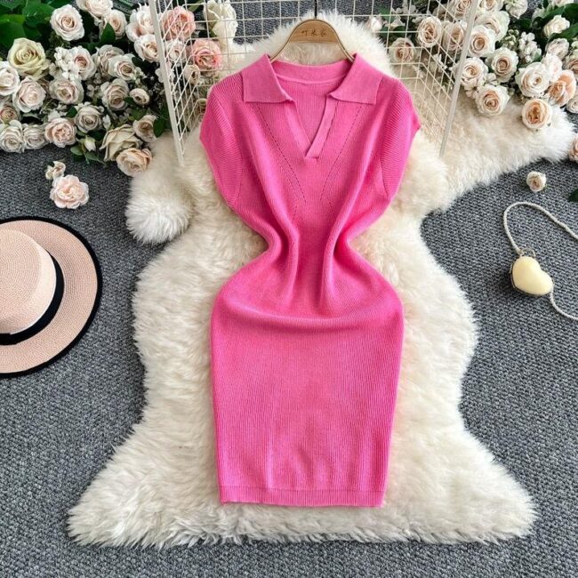 Retro Lapel Slim Fit Knitted Summer Dress – Petite & Stylish - Image 5