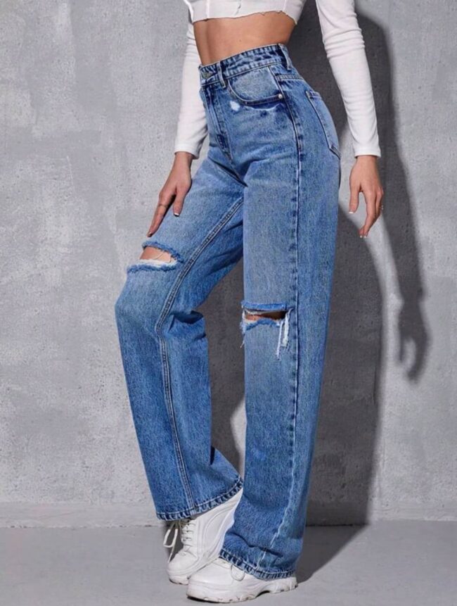 High Waist Ripped Jeans (Wide-Leg) Dark Blue 💙 - Image 3