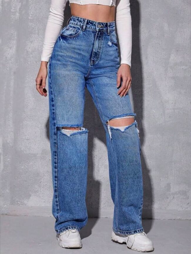 High Waist Ripped Jeans (Wide-Leg) Dark Blue 💙