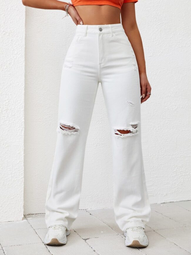 High Waist Ripped Jeans (Wide-Leg) White 🤍