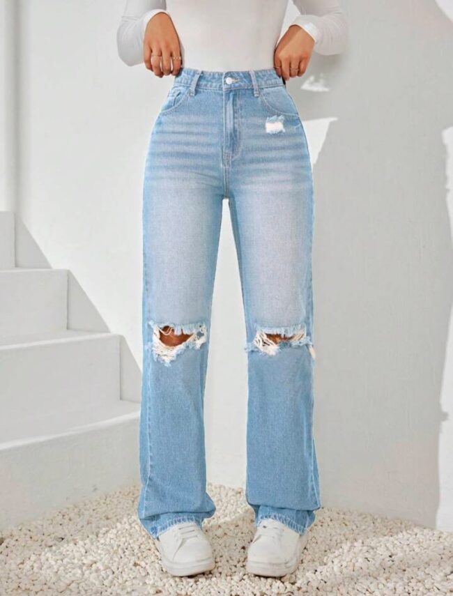 🔥 High Waist Knee-Torn Wide-Leg Denim – Ice Blue 🦋💙