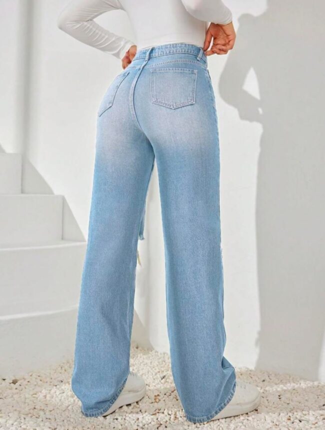 🔥 High Waist Knee-Torn Wide-Leg Denim – Ice Blue 🦋💙 - Image 6