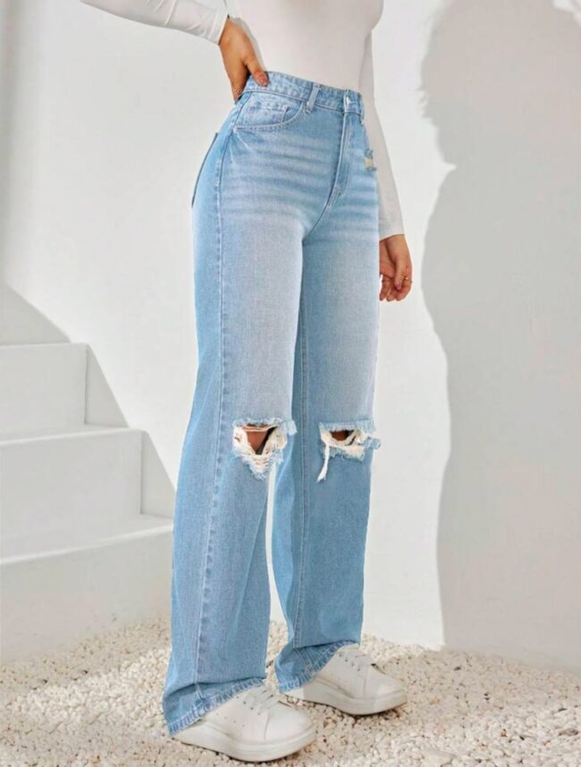 🔥 High Waist Knee-Torn Wide-Leg Denim – Ice Blue 🦋💙 - Image 3