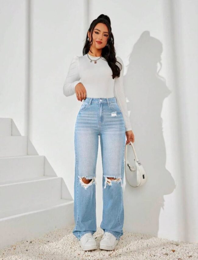 🔥 High Waist Knee-Torn Wide-Leg Denim – Ice Blue 🦋💙 - Image 5