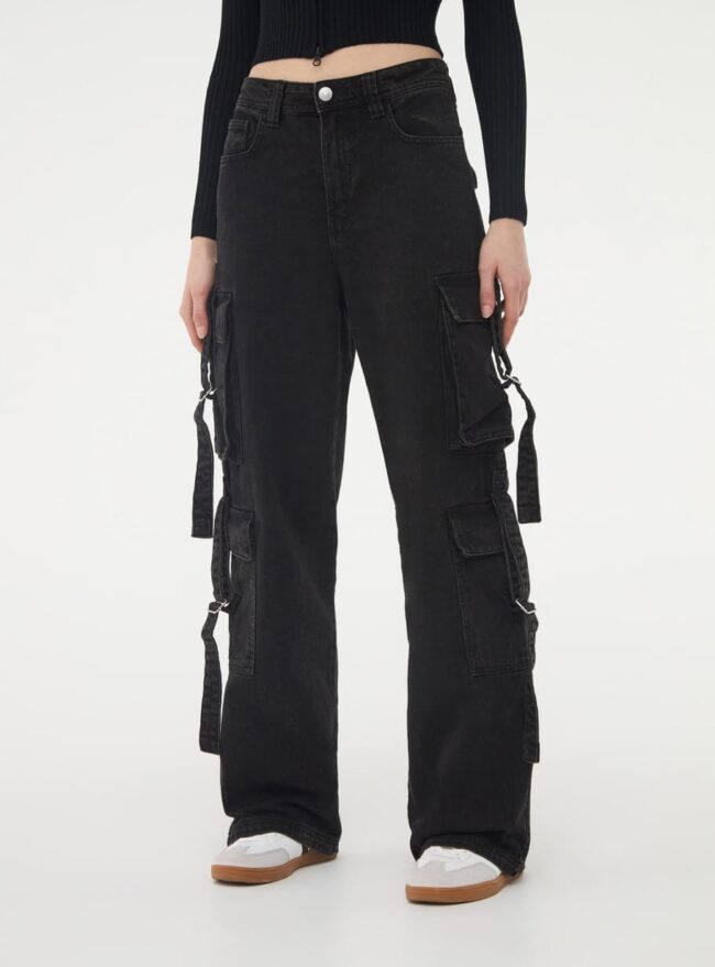 🔥 8-Pocket High Waist Wide-Leg Denim – Black Shade 🖤🦋 - Image 2