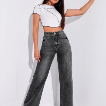 🔥 High Waist Whisker Wash Wide Leg Denim - Charcoal 🦋