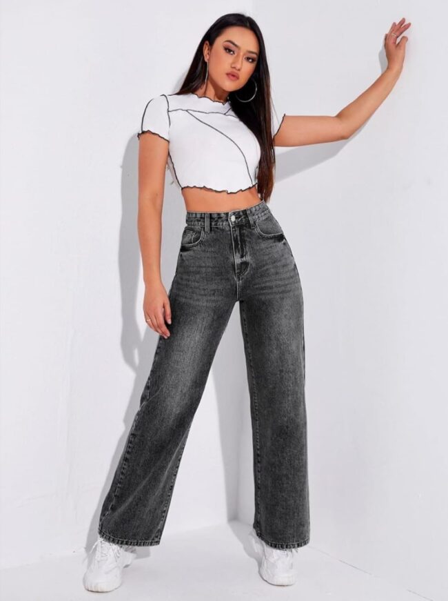🔥 High Waist Whisker Wash Wide Leg Denim - Charcoal 🦋