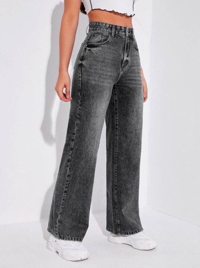 🔥 High Waist Whisker Wash Wide Leg Denim - Charcoal 🦋 - Image 5