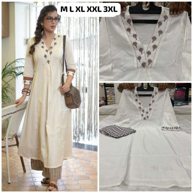 🪷 V-Neck Designer Kurti-Pant Set – Embroidered Office Wear Collection 🪻 - Image 2