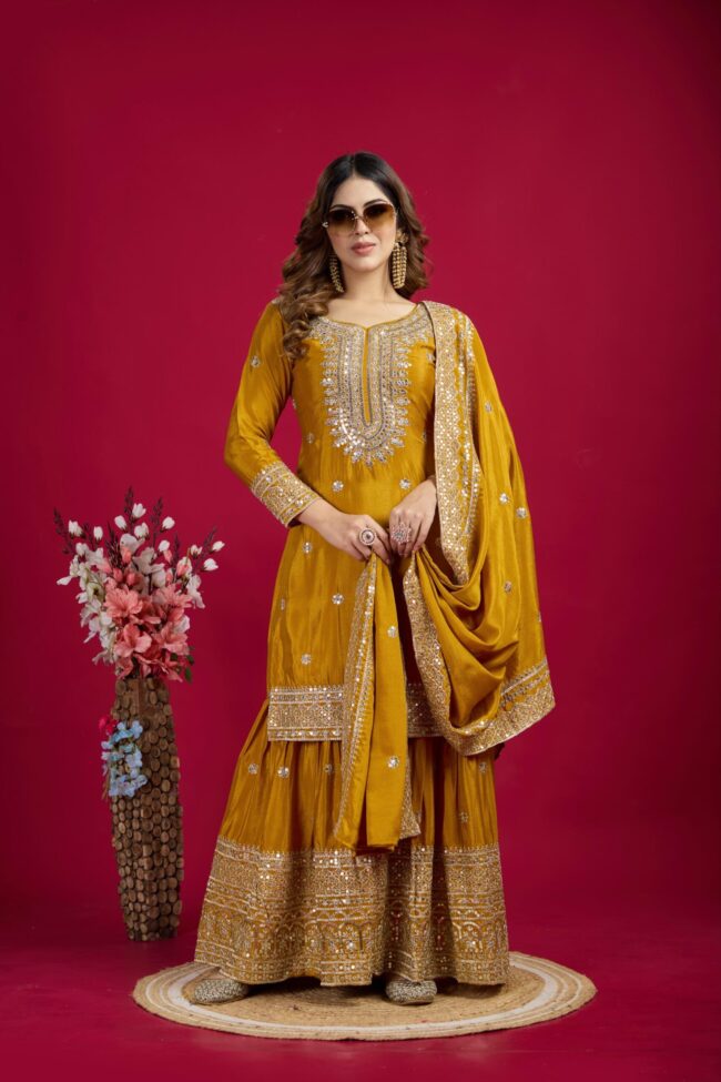 Chinnon Silk Embroidered Top-Plazo & Dupatta Set – Fully Stitched & Ready to Wear ✨💃🔥 - Image 2
