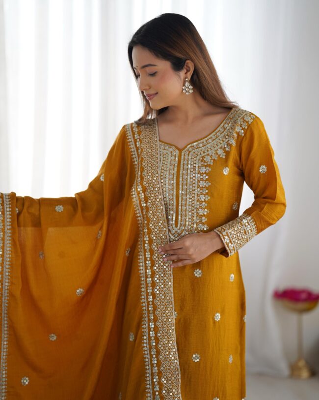 Chinnon Silk Embroidered Top-Plazo & Dupatta Set – Fully Stitched & Ready to Wear ✨💃🔥 - Image 8