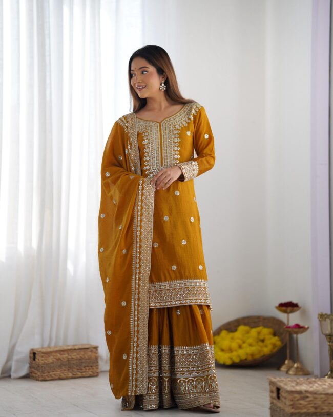 Chinnon Silk Embroidered Top-Plazo & Dupatta Set – Fully Stitched & Ready to Wear ✨💃🔥 - Image 9