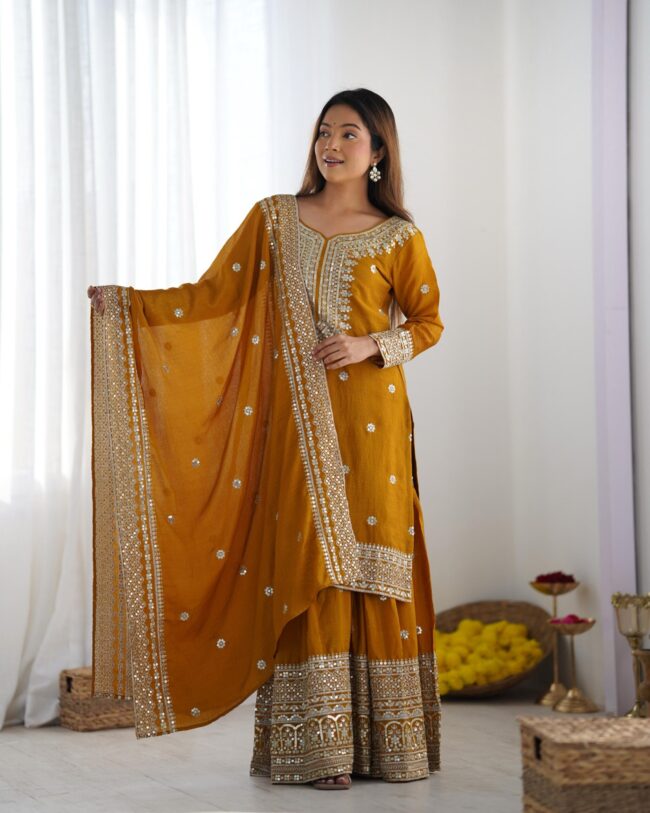 Chinnon Silk Embroidered Top-Plazo & Dupatta Set – Fully Stitched & Ready to Wear ✨💃🔥 - Image 7