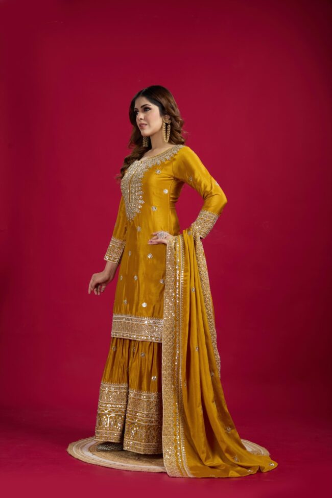 Chinnon Silk Embroidered Top-Plazo & Dupatta Set – Fully Stitched & Ready to Wear ✨💃🔥 - Image 3