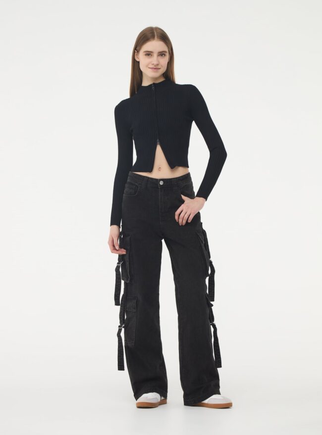 🔥 8-Pocket High Waist Wide-Leg Denim – Black Shade 🖤🦋 - Image 4