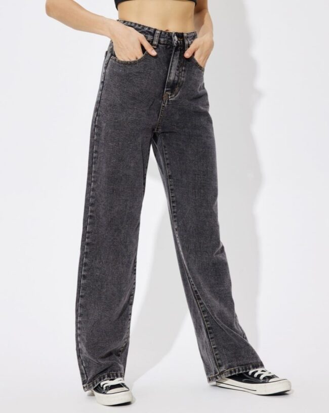 🔥 High Waist Wide Leg Denim – Charcoal Shade 🦋