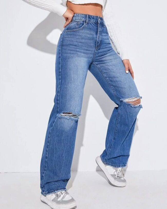 🔥 Women High Waist 4 Funky 2-Cut Whisker Denim Jeans 👖💙