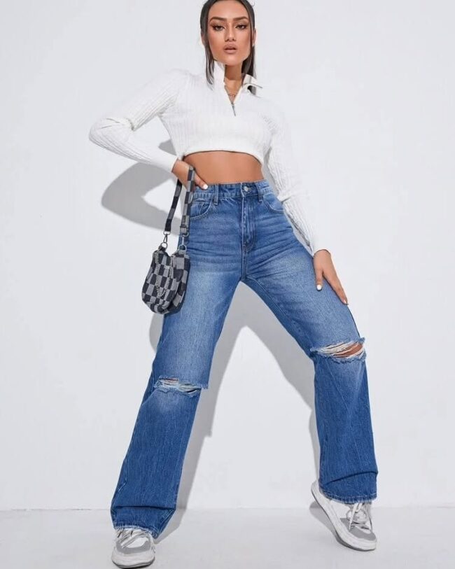 🔥 Women High Waist 4 Funky 2-Cut Whisker Denim Jeans 👖💙 - Image 4