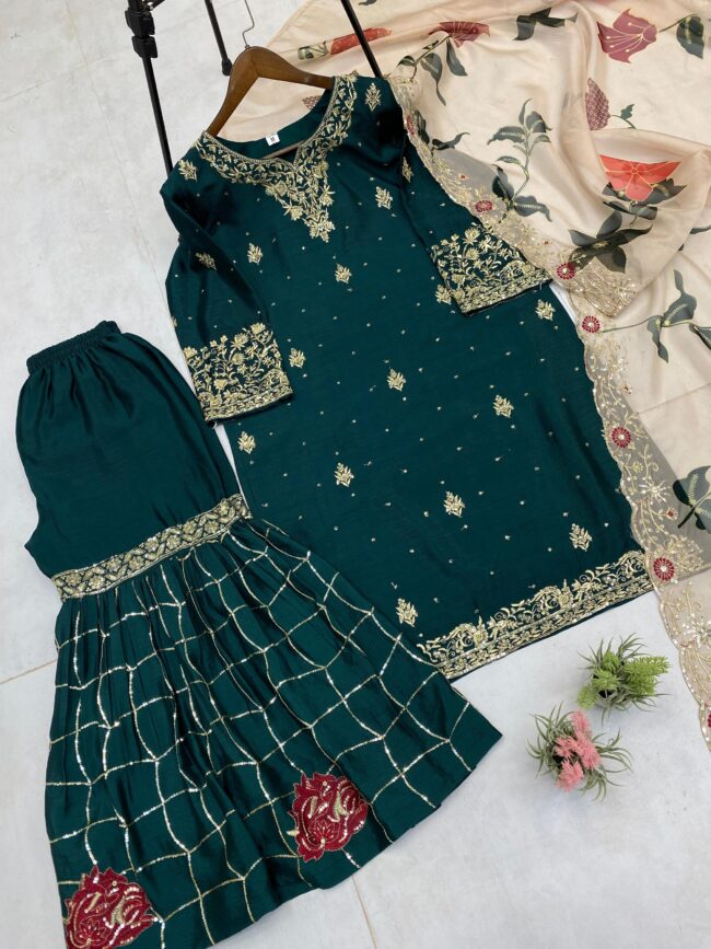 ✨EXCLUSIVE DESIGNER CHINON SHARARA SUIT ✨ | Sequins Embroidery & Full Flair Look - Image 10