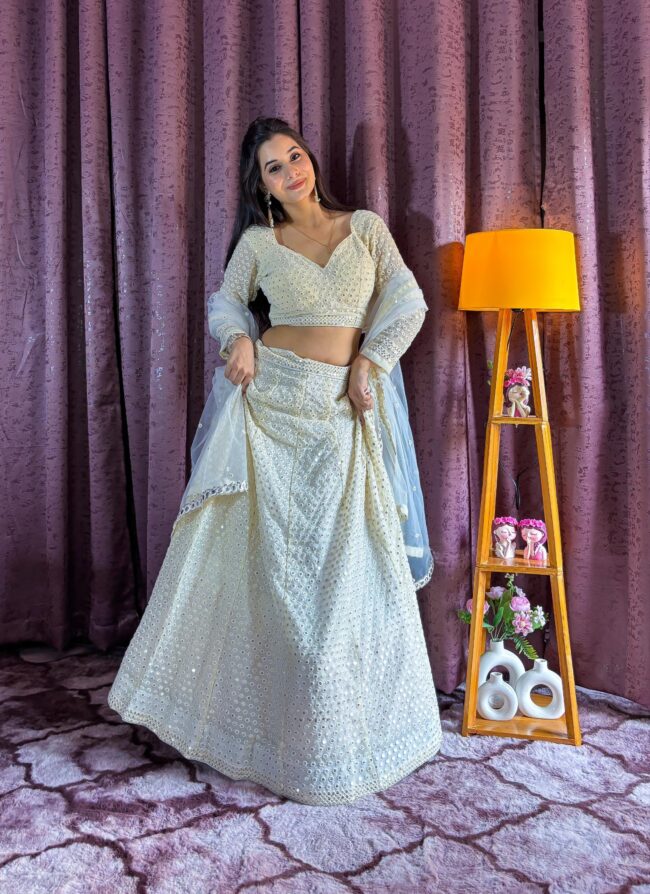 Elevate Your Ethnic Look with This Exquisite Off-White Georgette Lehenga Set ✨👑 - Image 3