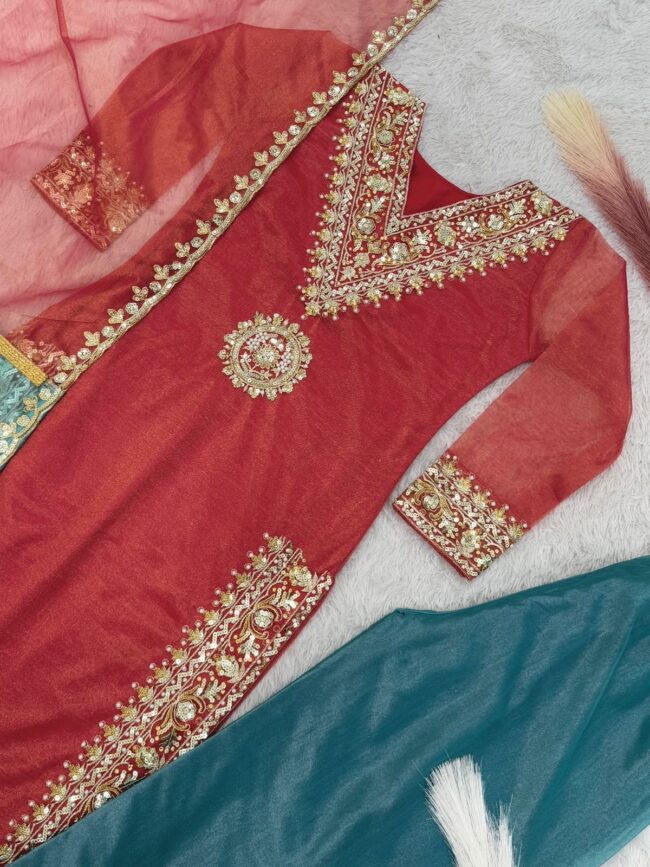 🌟 Premium Embroidered Net Silk Plazzo Set with Dupatta – Festive Glam ✨ - Image 7