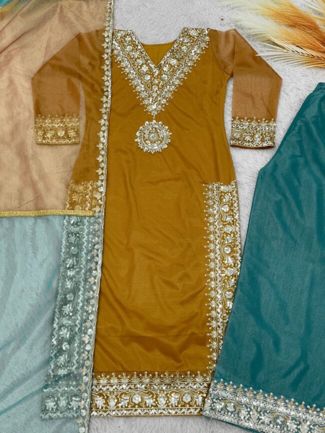 🌟 Premium Embroidered Net Silk Plazzo Set with Dupatta – Festive Glam ✨ - Image 9