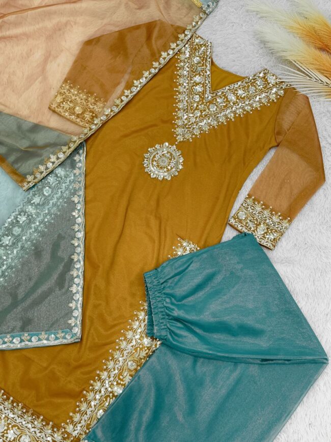 🌟 Premium Embroidered Net Silk Plazzo Set with Dupatta – Festive Glam ✨ - Image 8
