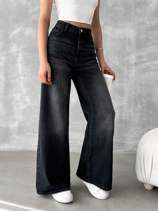 🦋 High Waist Whisker Wash Super Wide Leg Denim – Black 🔥 - Image 2