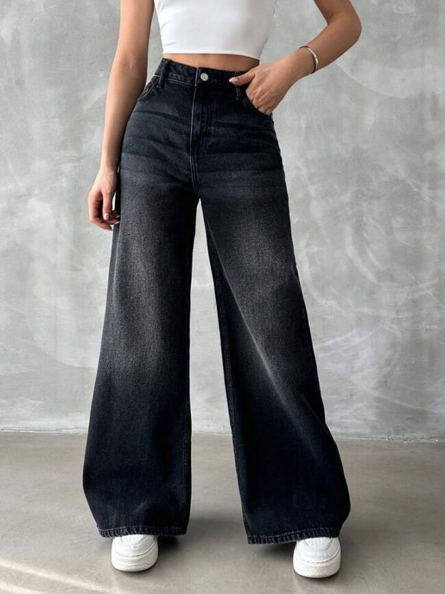 🦋 High Waist Whisker Wash Super Wide Leg Denim – Black 🔥 - Image 4