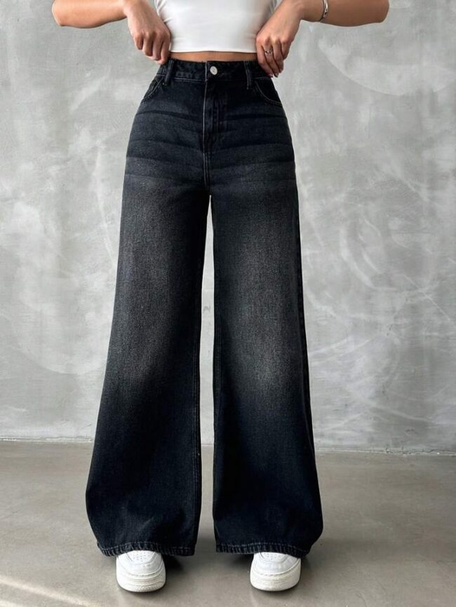 🦋 High Waist Whisker Wash Super Wide Leg Denim – Black 🔥