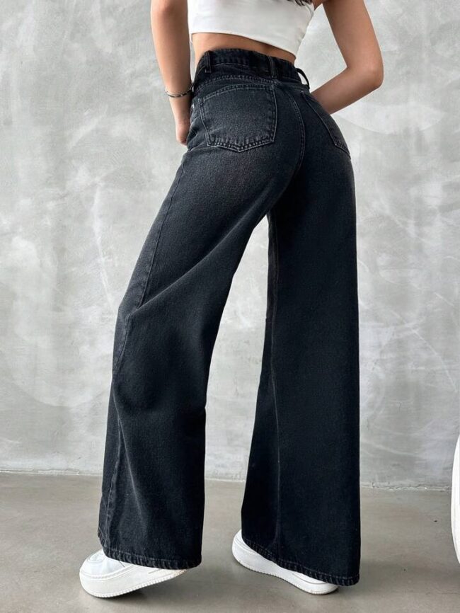 🦋 High Waist Whisker Wash Super Wide Leg Denim – Black 🔥 - Image 5