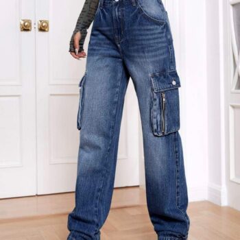 💞 Six Pocket Zipper High-Waist Wide-Leg Jeans 💕