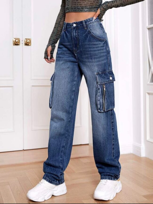 💞 Six Pocket Zipper High-Waist Wide-Leg Jeans 💕