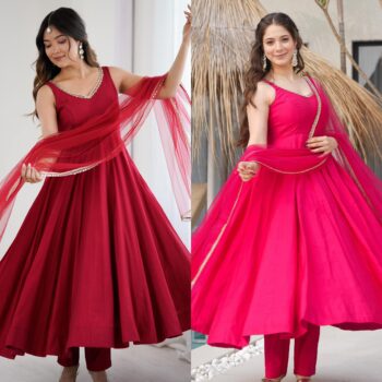 Luxury Chanderi Ensemble – Maroon & Rani Pink